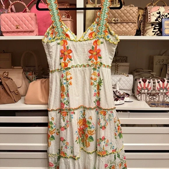 Farm Rio Floral Embroidered White Tiered Maxi Dress - Picture 4 of 4